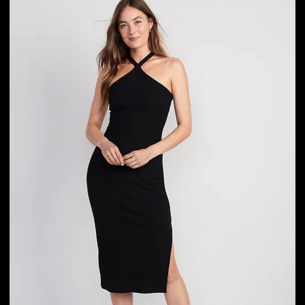 Old Navy XL Petite Black Midi Bodycon rib knit halter dress